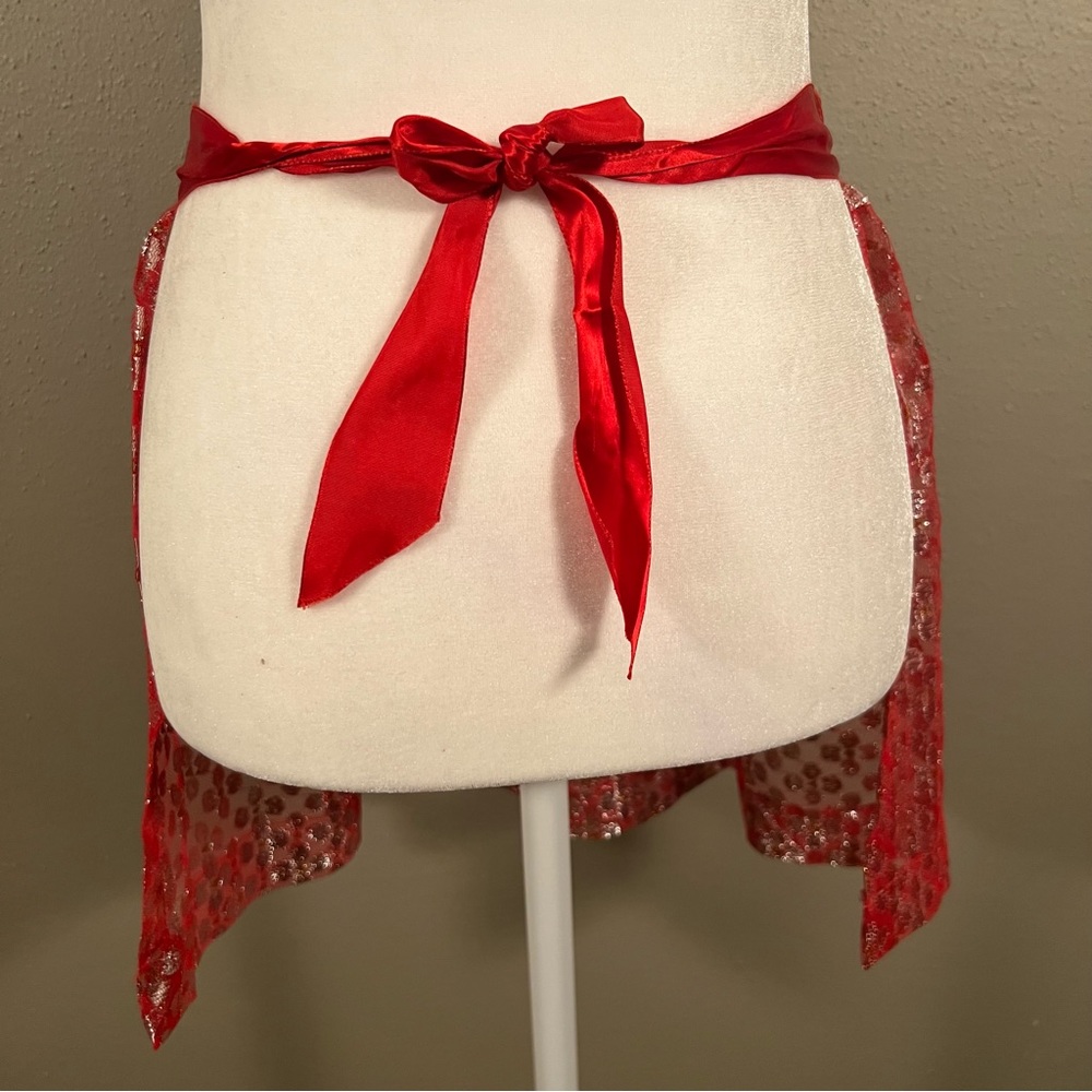 Darling VTG Apron sheer red metallic polka dot ribbon tie Christmas vintage - Picture 3 of 7